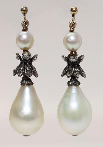 A pair of natural saltwater pearl and diamond drop earrings,