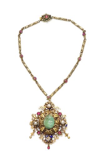 A silver gilt Austro-Hungarian pearl and gem set brooch/pendant, c.1900,