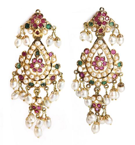 A pair of Indian high carat gold cultured freshwater pearl, ruby and emerald drop earrings,