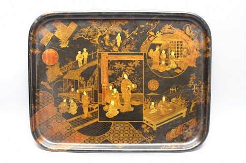 19th/20th C. Chinoiserie Black Lacquer Tray