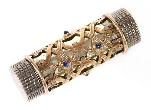 A silver, gold and sapphire set lipstick holder, attributed to Boucheron,