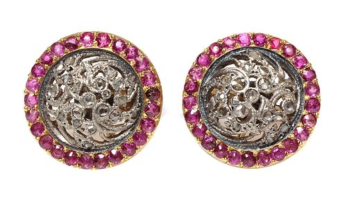 A pair of diamond and ruby earrings,