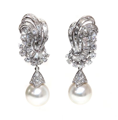 A pair of diamond and cultured South Sea pearl spray earrings,