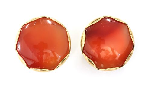 A pair of gold cornelian clip earrings,