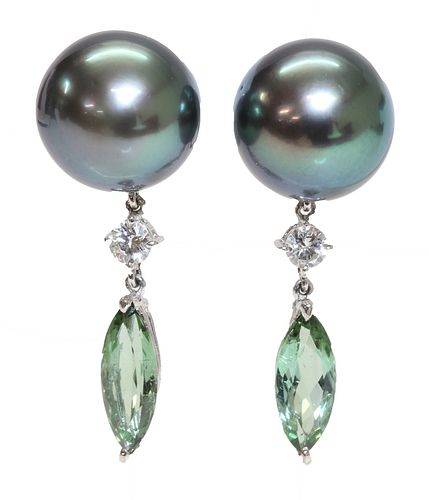 A pair of cultured Tahitian pearl and diamond drop earrings,