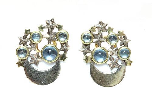 A pair of 9ct two colour gold moonstone earrings, by Clare Murray,
