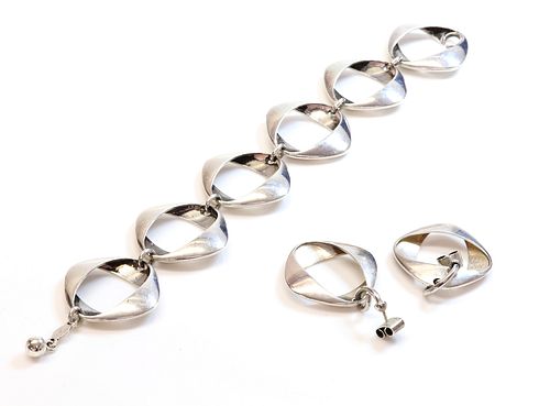 A sterling silver bracelet and earrings and suite, by Georg Jensen,