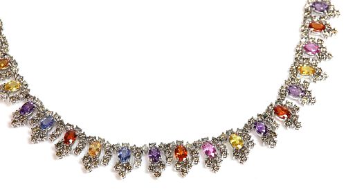 A white gold assorted gemstone and diamond necklace,