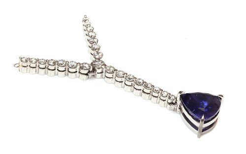 A white gold sapphire and diamond 'Y' shaped pendant,