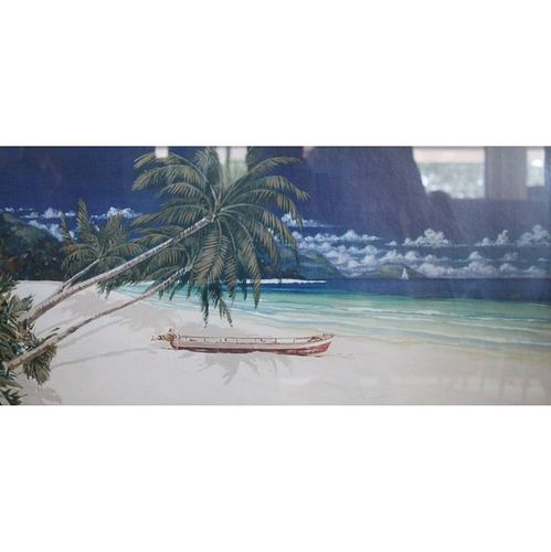 20th C. Watercolor of a Tropical Coastal Scene