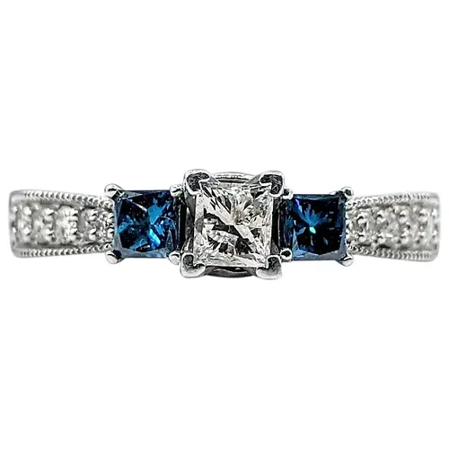 Stunning White & Blue Diamond Three-Stone Engagement Ring
