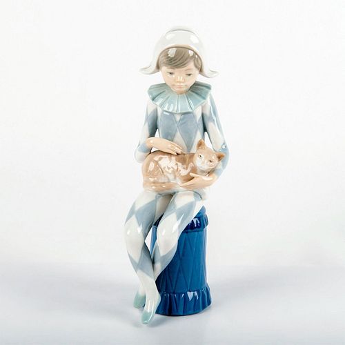Nao By Lladro Porcelain Figurine, Jester Boy With Cat 381