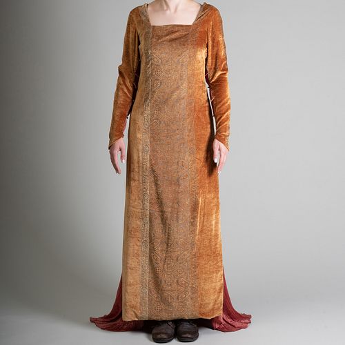 Mariano Fortuny Pumpkin Silk Velvet Medieval Gown Stenciled in a Moorish Pattern