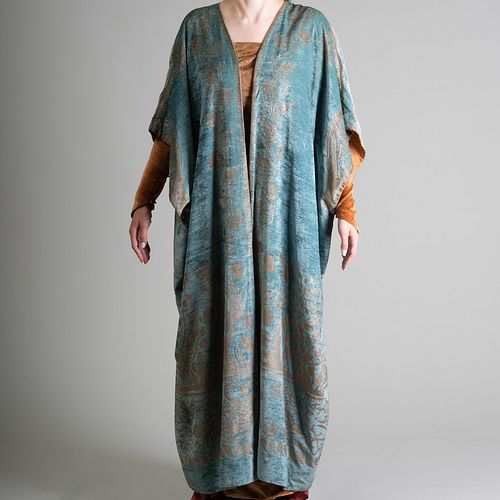 Mariano Fortuny Blue Silk Velvet Tunic Cloak with Silver Stencil Pattern