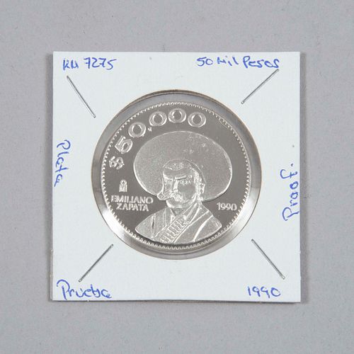 Réplica moneda de prueba de $50,000, Zapata, elaborada en plata acabado espejeado con mononograma de Casa de Moneda de México.