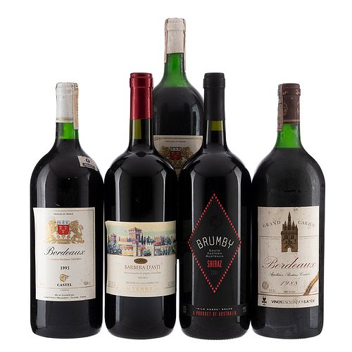 Lote de Vinos Tintos Magnum Francia, Italia y Australia. Bordeaux. Barbera D' Asti. Brumby. Total de piezas: 5.