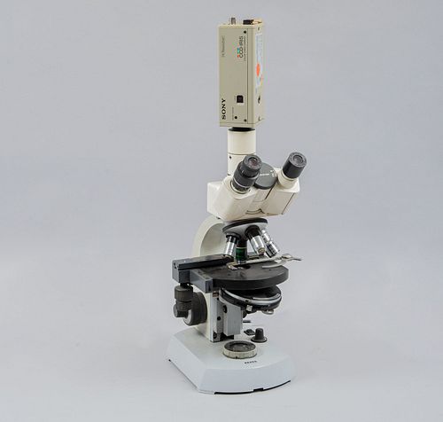 Microscopio. SXX. De la marca Carl Zeiss. Elaborado en metal y material sintético. Con adaptador para monitor de la marca SONY.