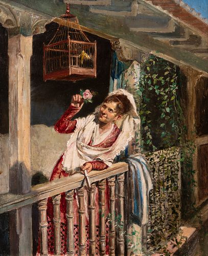 Spanish school of the late nineteenth century. 
"Young woman on the balcony". 
Oil on panel.