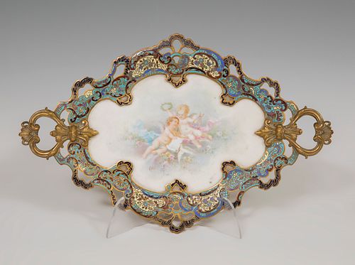 Tray; France, circa 1880. 
Sevres porcelain and gilt bronze with cloisonnÃ© enamel. 
Signed in the lower left area.