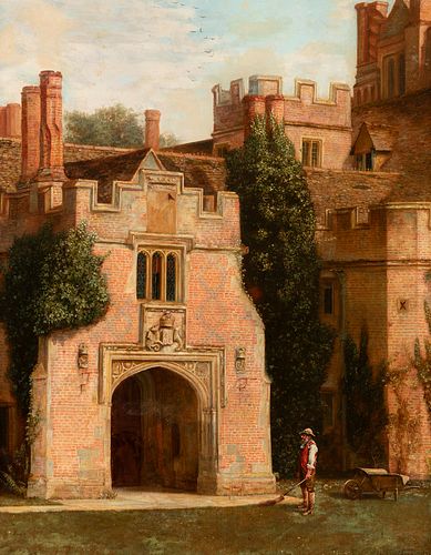 English school; 19th century. 
"View of Tudor mansion". 
Oil on canvas. Relined.