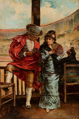 Spanish school; XIX century. 
"Gallant scene in the bullring". 
Oil on canvas.