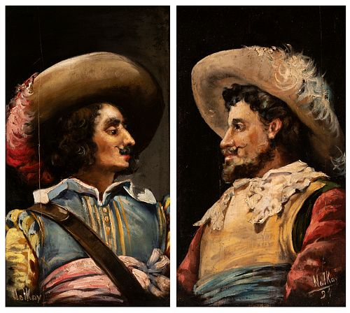European school of the late nineteenth century. 
"Musketeers", 1894. 
Pair of oil paintings on panel.
