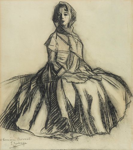 IGNACIO ZULOAGA Y ZABALETA (Eibar, Guipuzcoa, 1870 - Madrid, 1945). 
"Female portrait. 
Charcoal on paper.