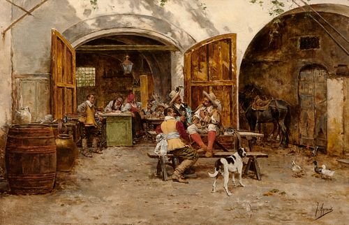 JOAQUIN AGRASOT (Orihuela, Alicante, 1837 - Valencia, 1919). 
"Musketeers in an inn", 1885-1890. 
Oil on panel.