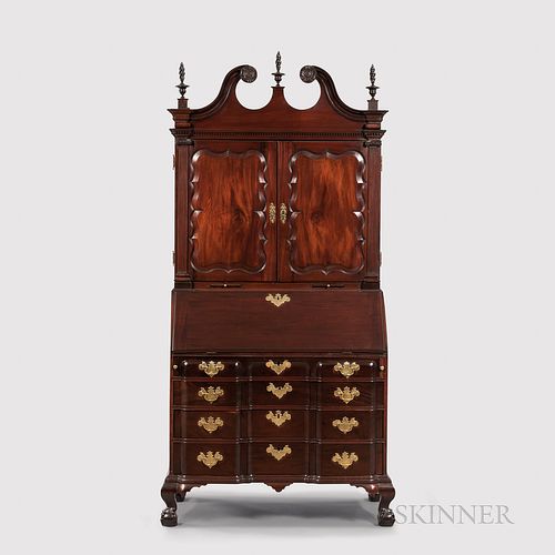 The Hezekiah Smith Chippendale Carved Mahogany Bonnet-top Block-front Desk and Bookcase