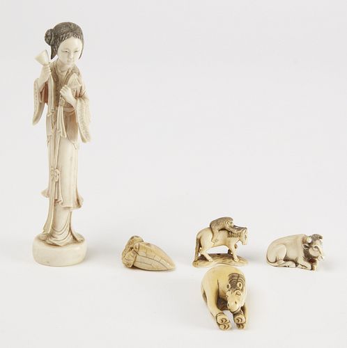 Four Netsukes and an Asian Carved Figure