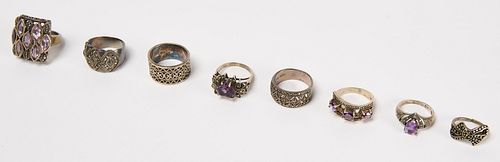 Lot of Seven Sterling Silver Rings and One Costume