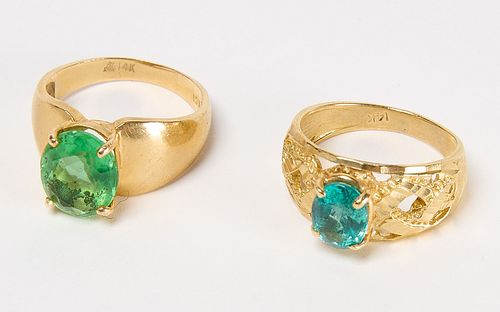 Two 14kt Gold Rings with Green and Aqua
