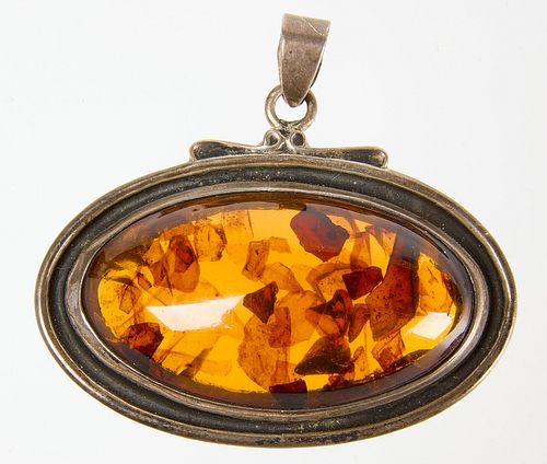 Sterling Silver Oval Amber Pendant