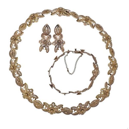 Antique Filigree 18k Gold Necklace Bracelet Earrings Set