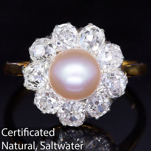 CERTIFICATED NATRUAL SALTWATER PEARL AND DIAMOND CLUSTER RING