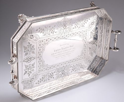 A LARGE VICTORIAN SILVER-PLATED TWO-HANDLED GALLERIED TRAY, engraved with p