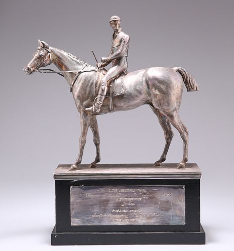 A SILVER-PLATED MODEL OF THE THOROUGHBRED RACEHORSE “MARGRAVE” WITH JOCKEY
