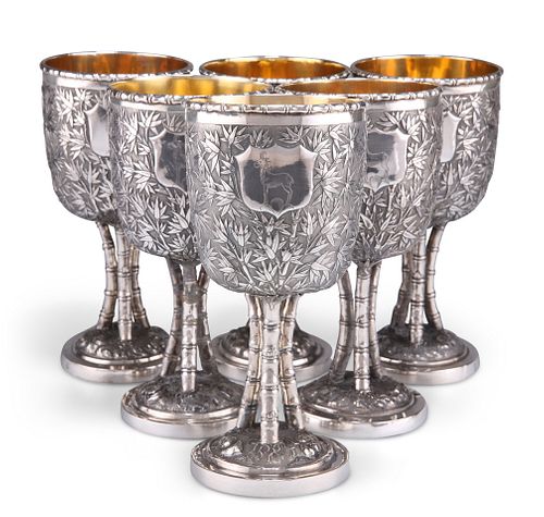 A FINE SET OF SIX CHINESE EXPORT SILVER GOBLETS, 19TH CENTURY, each circula