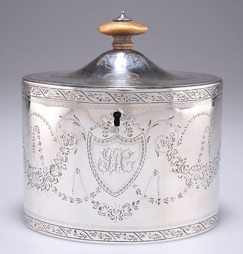 A GEORGE III SILVER TEA CADDY, by Henry Chawner, London 1788, oval, bright-