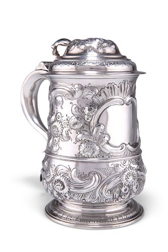 A GEORGE II PROVINCIAL SILVER LIDDED TANKARD, by Isaac Cookson, Newcastle 1