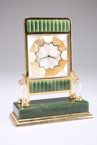 A ROCK CRYSTAL AND NEPHRITE JADE CLOCK, IN THE MANNER OF CARTIER, the segme