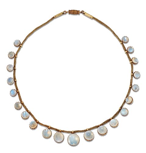 A MOONSTONE NECKLACE, graduated round cabochon moonstones in claw settings,