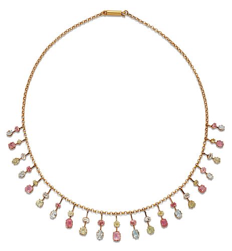 AN AQUAMARINE, CHRYSOBERYL AND PINK TOURMALINE FRINGE NECKLACE, the front w