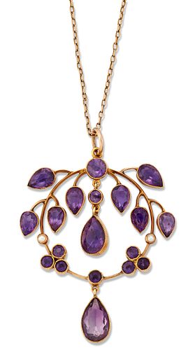 A LATE VICTORIAN AMETHYST AND SEED PEARL PENDANT ON CHAIN, a circular knife