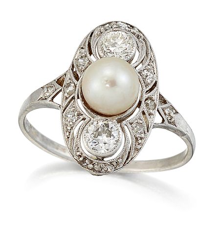 A PEARL AND DIAMOND RING, a pearl between old-cut diamonds and within a dia