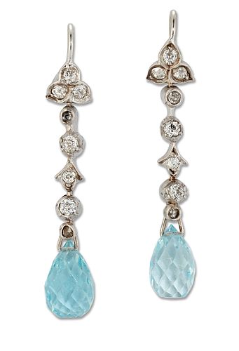 A PAIR OF AQUAMARINE AND DIAMOND PENDANT EARRINGS, articulated old-cut diam