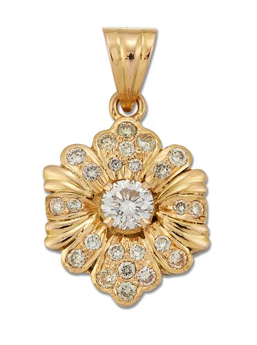 A DIAMOND PENDANT, of floral design with a central round brilliant-cut diam
