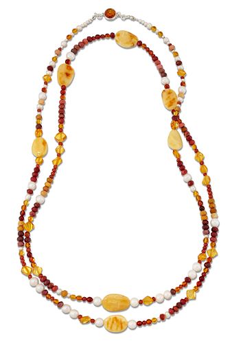 A CULTURED PEARL, AMBER AND GEMSTONE BEAD NECKLACE, cultured pearls spaced 