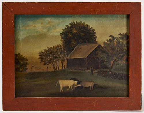 Farm Scene Painting with Original Painted Frame