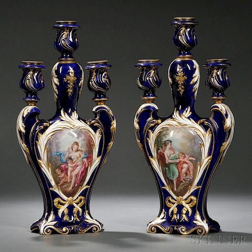 Pair of Sevres Porcelain Hand-painted Three-light Candelabra
